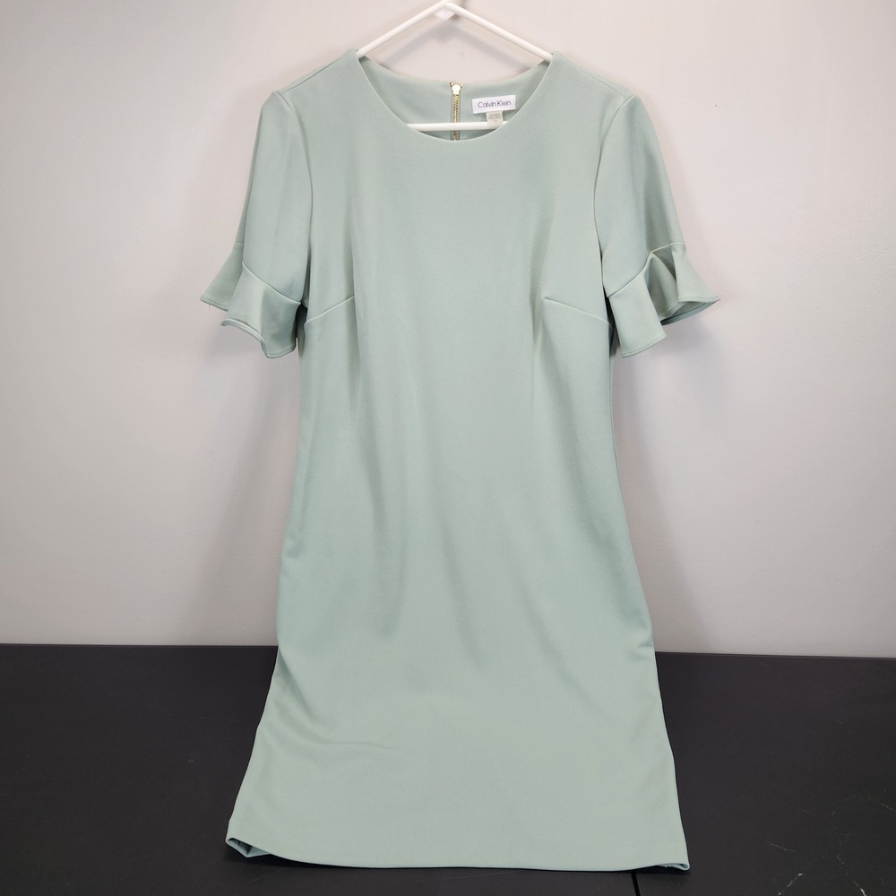 Calvin Klein Sage Green Ruffle Sleeve Sheath Dress Size 12 Gold Zip CD1C12EC